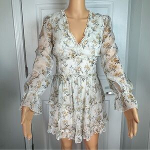 Fanco Floral Ruffle‎ Mini Dress S Long Sleeve Sheer Layered Boho Cottagecore